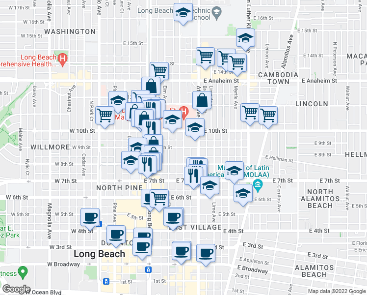 map of restaurants, bars, coffee shops, grocery stores, and more near Linden Ave & E 9th St in Long Beach