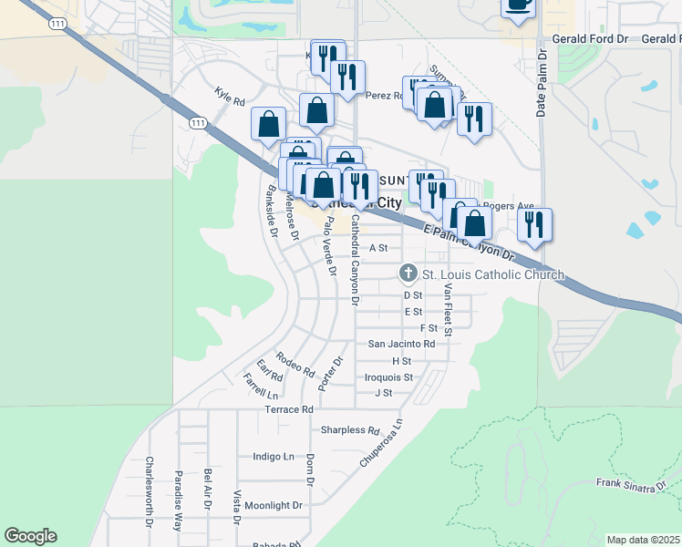 map of restaurants, bars, coffee shops, grocery stores, and more near 37298 Palo Verde Drive in Cathedral City