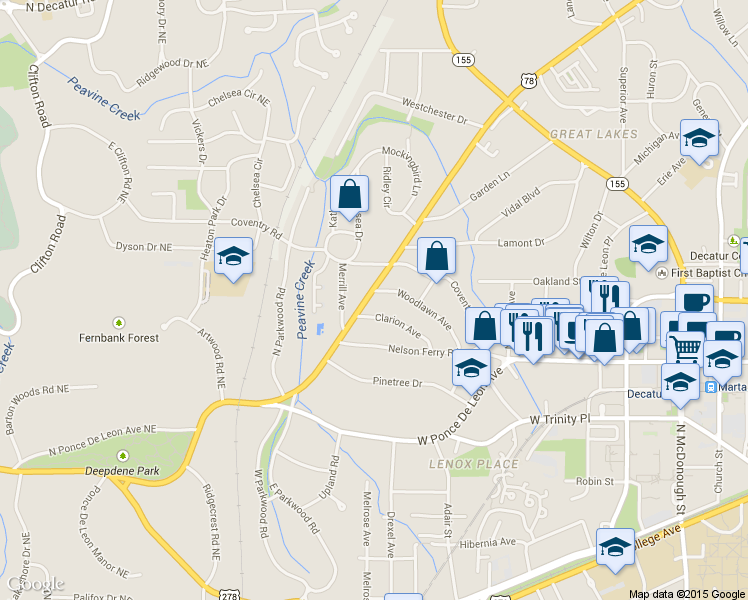 map of restaurants, bars, coffee shops, grocery stores, and more near 244 Woodlawn Ave in Decatur