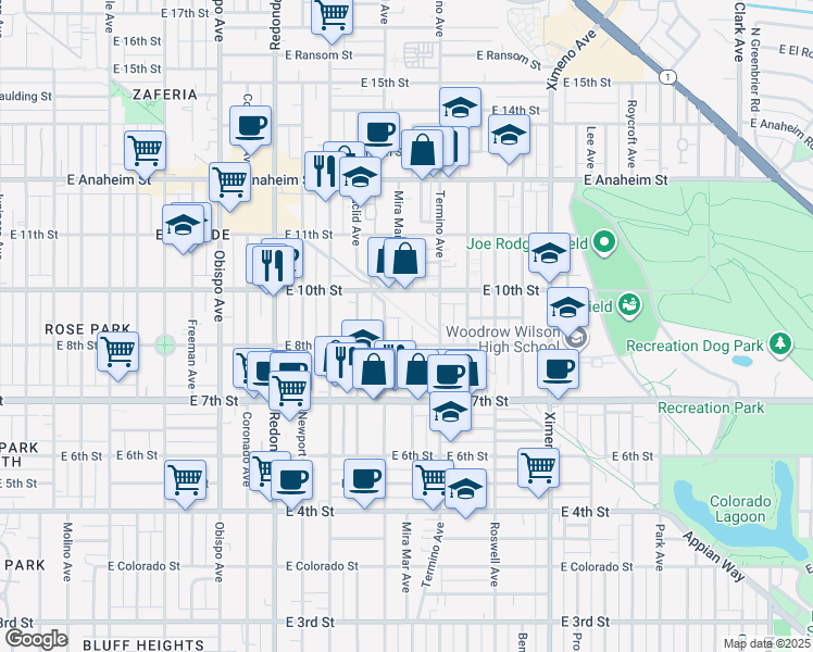 map of restaurants, bars, coffee shops, grocery stores, and more near 831 Mira Mar Avenue in Long Beach