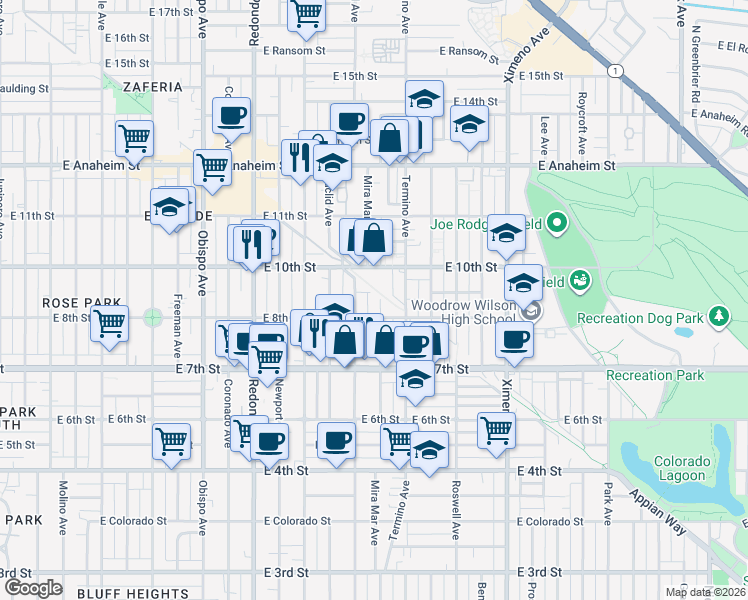 map of restaurants, bars, coffee shops, grocery stores, and more near 831 Mira Mar Avenue in Long Beach