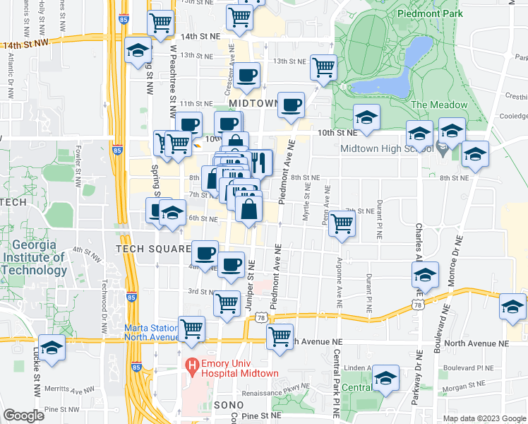 map of restaurants, bars, coffee shops, grocery stores, and more near Piedmont Rd in Atlanta