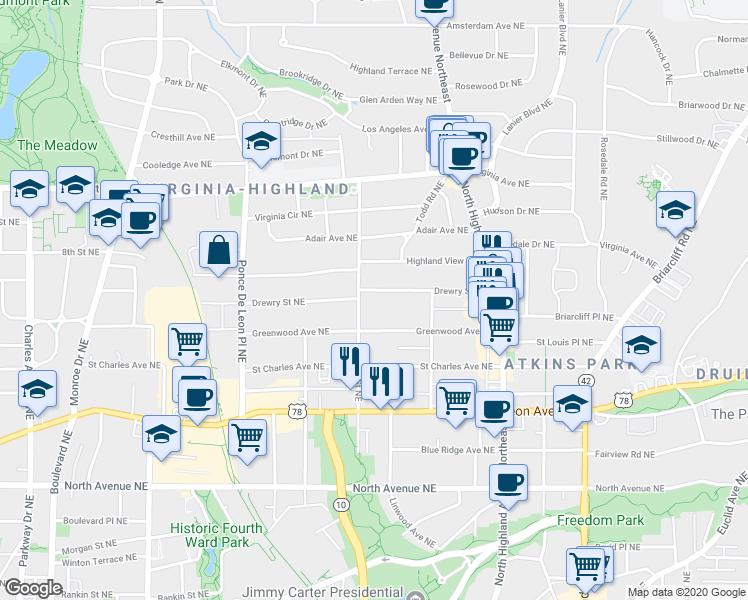 map of restaurants, bars, coffee shops, grocery stores, and more near 880 Drewry Street Northeast in Atlanta
