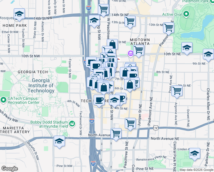map of restaurants, bars, coffee shops, grocery stores, and more near 859 Spring Street Northwest in Atlanta