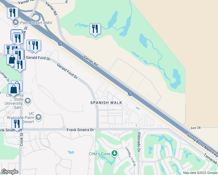 map of restaurants, bars, coffee shops, grocery stores, and more near 110 Paseo Bravo in Palm Desert