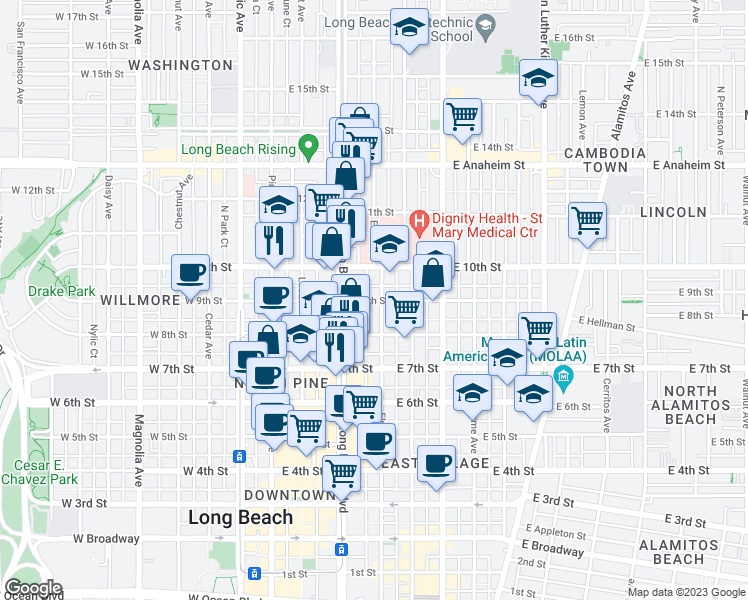 map of restaurants, bars, coffee shops, grocery stores, and more near 351 East 9th Street in Long Beach