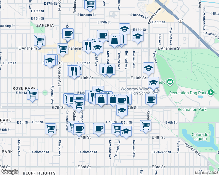 map of restaurants, bars, coffee shops, grocery stores, and more near 3815 East 9th Street in Long Beach