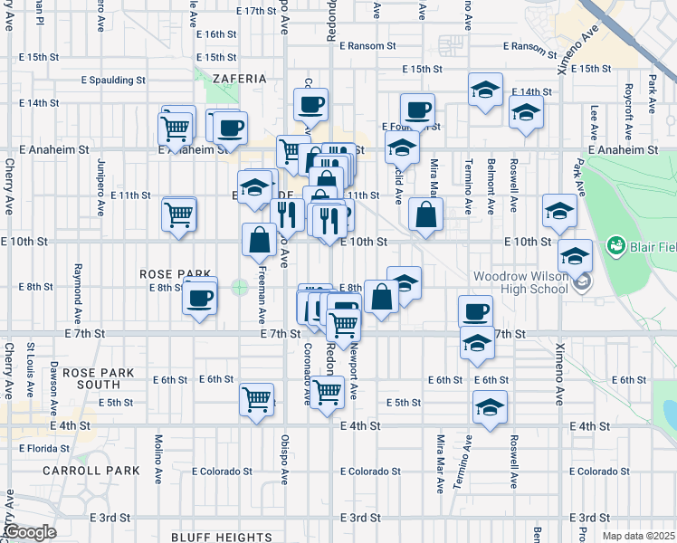 map of restaurants, bars, coffee shops, grocery stores, and more near 924 Redondo Avenue in Long Beach