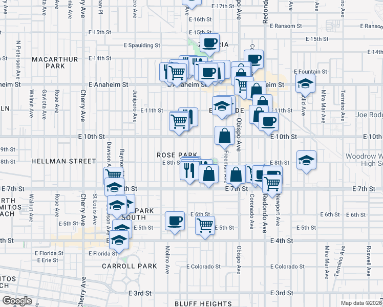 map of restaurants, bars, coffee shops, grocery stores, and more near 925 Gladys Avenue in Long Beach