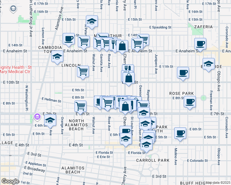 map of restaurants, bars, coffee shops, grocery stores, and more near 924 Gardenia Avenue in Long Beach