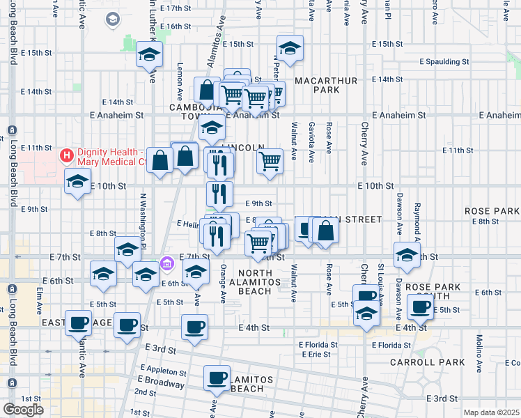 map of restaurants, bars, coffee shops, grocery stores, and more near 1330 East 10th Street in Long Beach