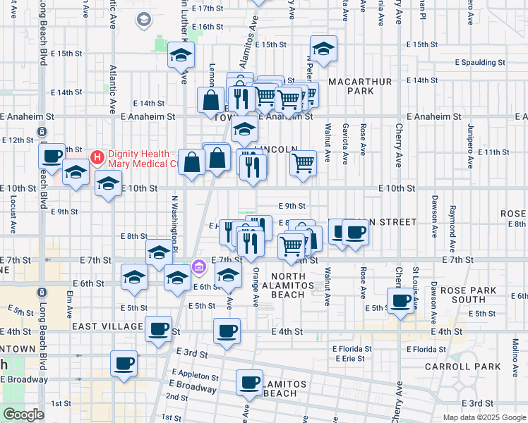 map of restaurants, bars, coffee shops, grocery stores, and more near in Long Beach