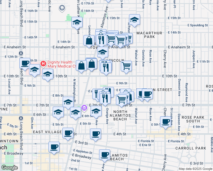 map of restaurants, bars, coffee shops, grocery stores, and more near in Long Beach