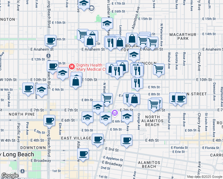 map of restaurants, bars, coffee shops, grocery stores, and more near in Long Beach