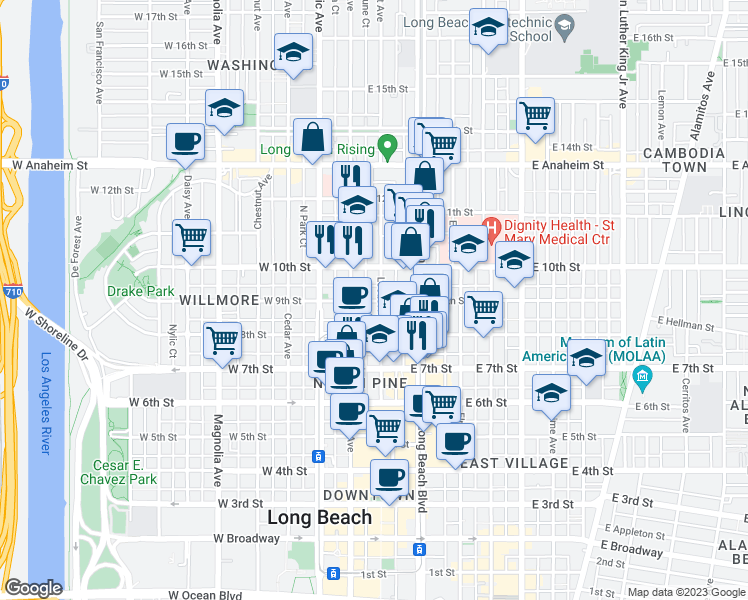 map of restaurants, bars, coffee shops, grocery stores, and more near 945 Locust Avenue in Long Beach