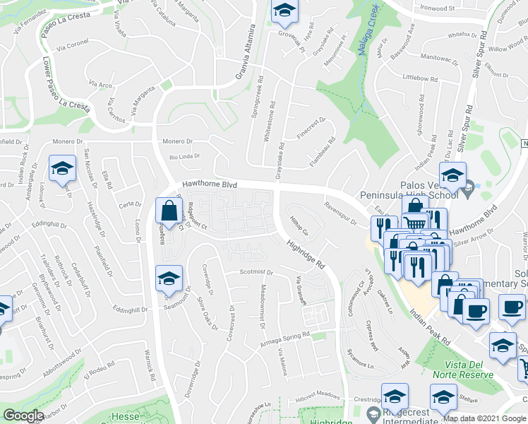 map of restaurants, bars, coffee shops, grocery stores, and more near 27921 Ridgebrook Court in Rancho Palos Verdes