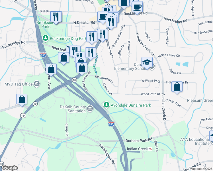 map of restaurants, bars, coffee shops, grocery stores, and more near 3783 Kingswood Drive in Decatur