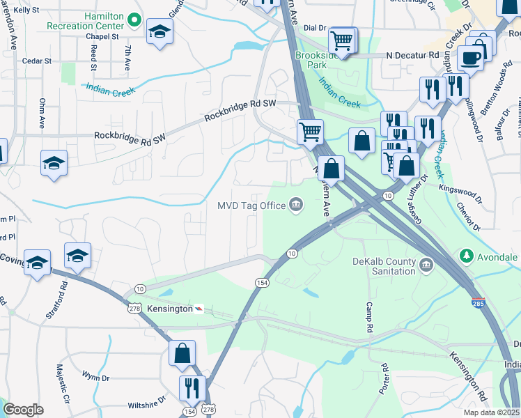 map of restaurants, bars, coffee shops, grocery stores, and more near 640 Avondale Park Circle in Avondale Estates