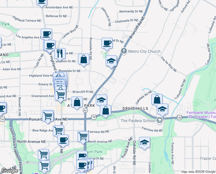 map of restaurants, bars, coffee shops, grocery stores, and more near 869 Briarcliff Road Northeast in Atlanta