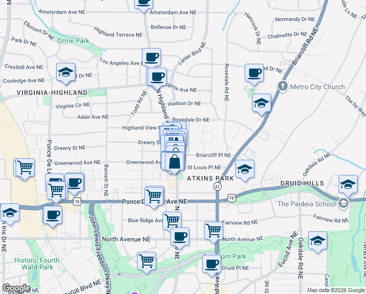 map of restaurants, bars, coffee shops, grocery stores, and more near 885 North Highland Avenue Northeast in Atlanta
