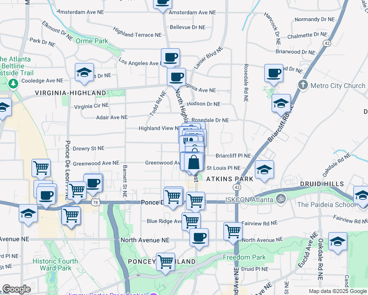 map of restaurants, bars, coffee shops, grocery stores, and more near 1016 Drewry Street Northeast in Atlanta