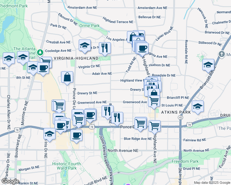 map of restaurants, bars, coffee shops, grocery stores, and more near 880 Drewry Street Northeast in Atlanta