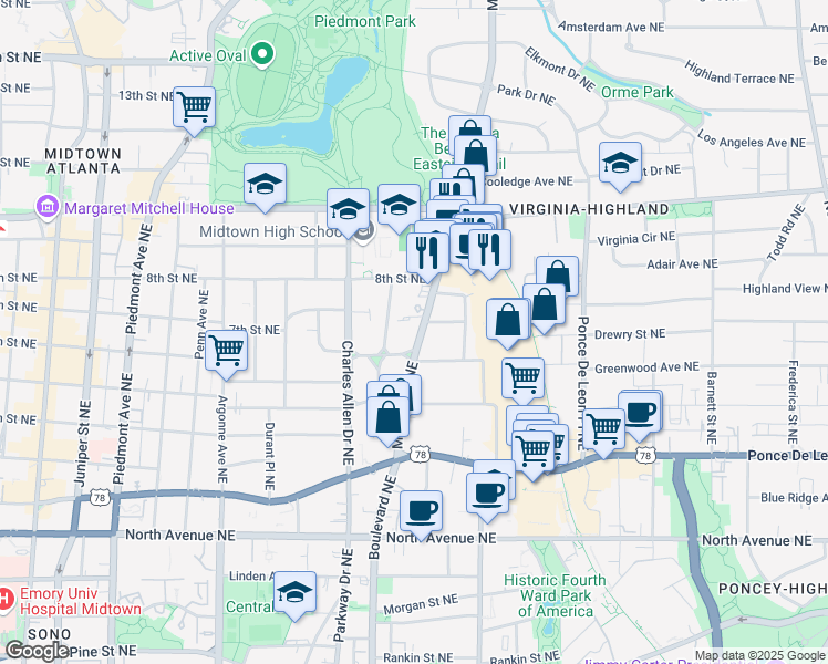 map of restaurants, bars, coffee shops, grocery stores, and more near 503 Midtown Place in Atlanta