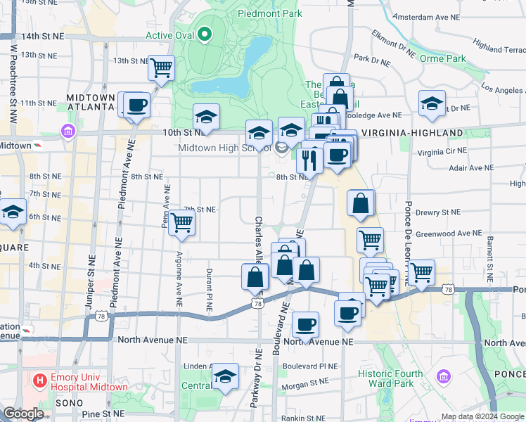map of restaurants, bars, coffee shops, grocery stores, and more near 873 Charles Allen Drive Northeast in Atlanta