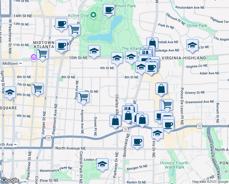 map of restaurants, bars, coffee shops, grocery stores, and more near 421 7th Street Northeast in Atlanta