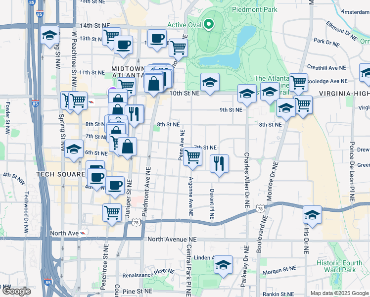 map of restaurants, bars, coffee shops, grocery stores, and more near 877 Penn Avenue Northeast in Atlanta