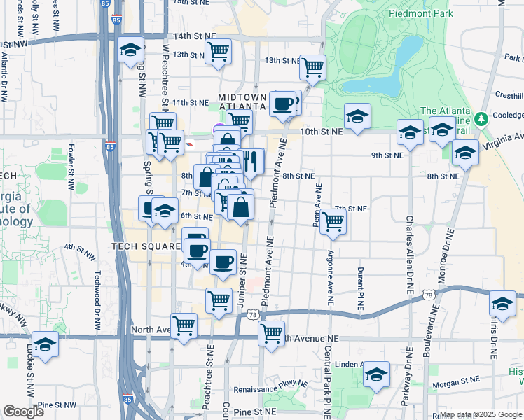 map of restaurants, bars, coffee shops, grocery stores, and more near 850 Piedmont Avenue Northeast in Atlanta