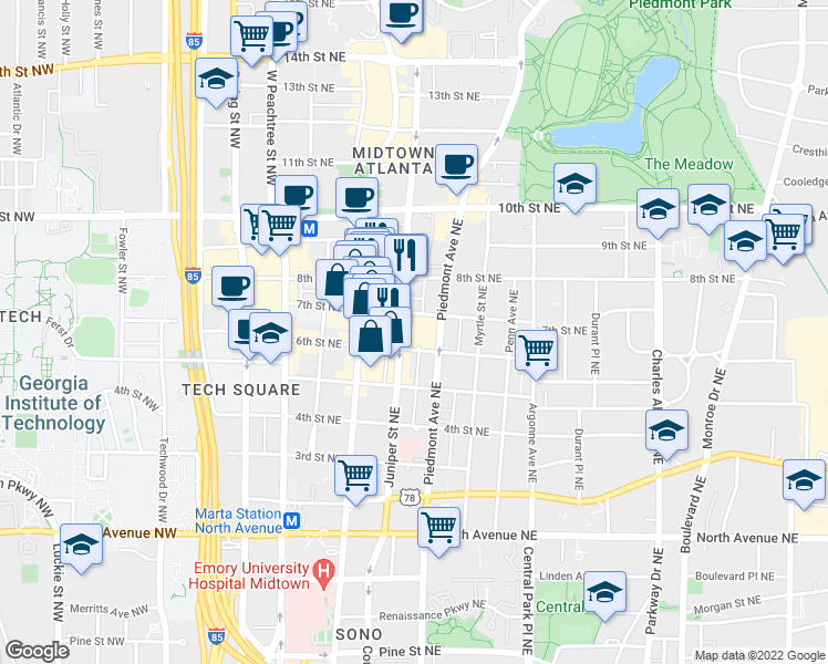 map of restaurants, bars, coffee shops, grocery stores, and more near in Atlanta