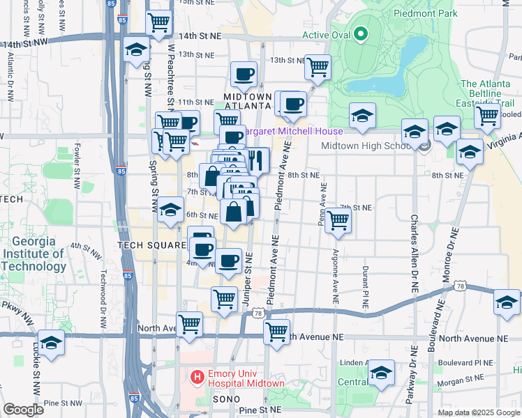 map of restaurants, bars, coffee shops, grocery stores, and more near 146 7th Street Northeast in Atlanta