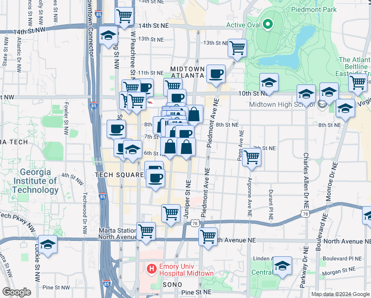 map of restaurants, bars, coffee shops, grocery stores, and more near 881 Peachtree Street Northeast in Atlanta