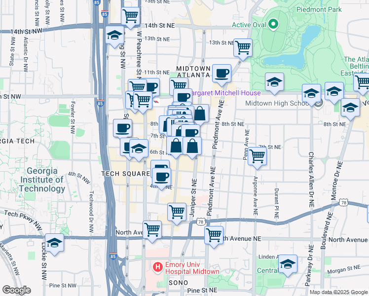 map of restaurants, bars, coffee shops, grocery stores, and more near 855 Peachtree Street Northeast in Atlanta
