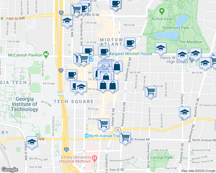 map of restaurants, bars, coffee shops, grocery stores, and more near 881 Peachtree Street Northeast in Atlanta