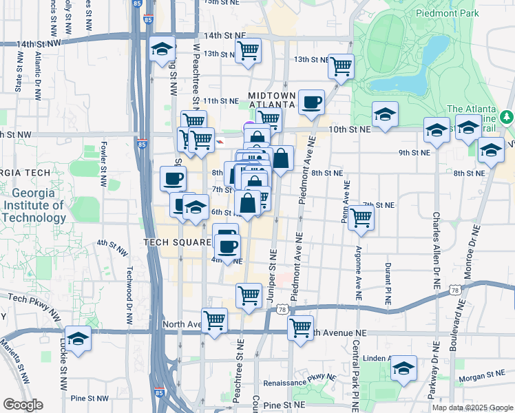 map of restaurants, bars, coffee shops, grocery stores, and more near 881 Peachtree Street Northeast in Atlanta