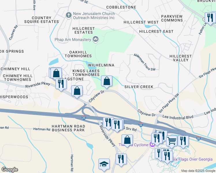 map of restaurants, bars, coffee shops, grocery stores, and more near 7222 Gold Mine Avenue in Austell