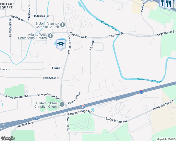 map of restaurants, bars, coffee shops, grocery stores, and more near 991 Aspen Drive in Lithia Springs