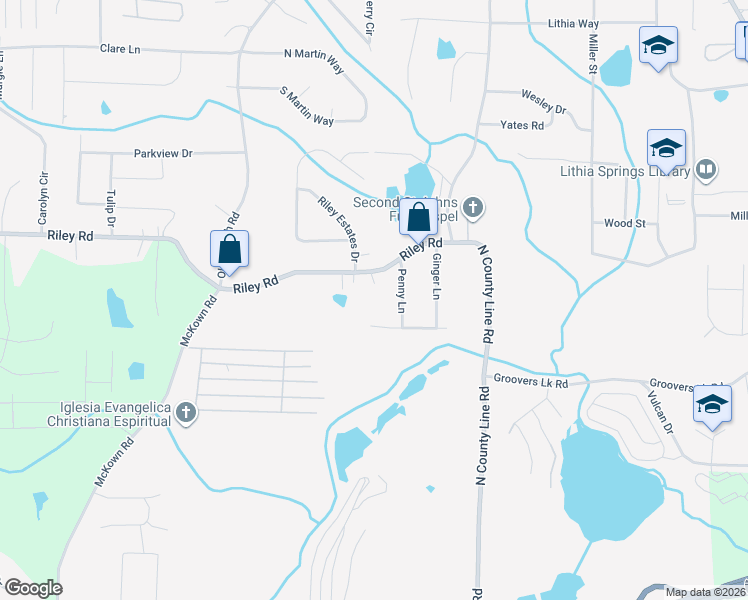 map of restaurants, bars, coffee shops, grocery stores, and more near 4060 Riley Road in Lithia Springs