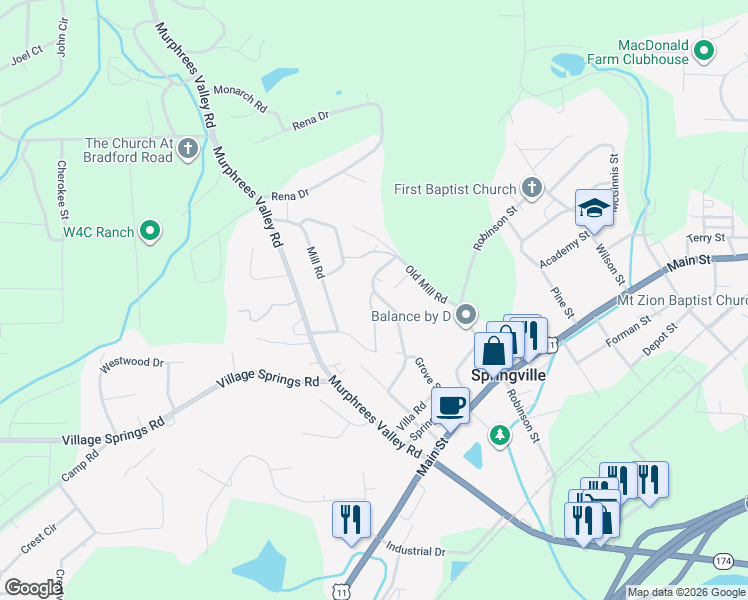 map of restaurants, bars, coffee shops, grocery stores, and more near 223 Elaine Street in Springville