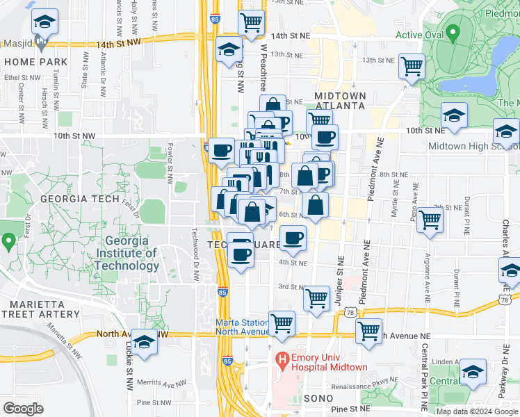 map of restaurants, bars, coffee shops, grocery stores, and more near 859 Spring Street Northwest in Atlanta