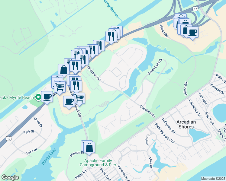 map of restaurants, bars, coffee shops, grocery stores, and more near 607 Chestnut Road in Myrtle Beach