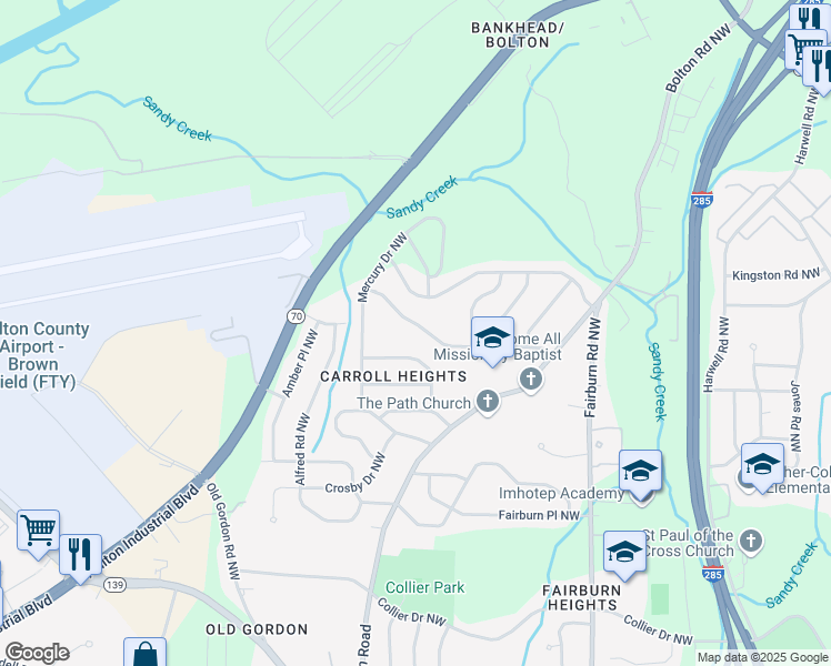 map of restaurants, bars, coffee shops, grocery stores, and more near 3638 Bolfair Drive Northwest in Atlanta