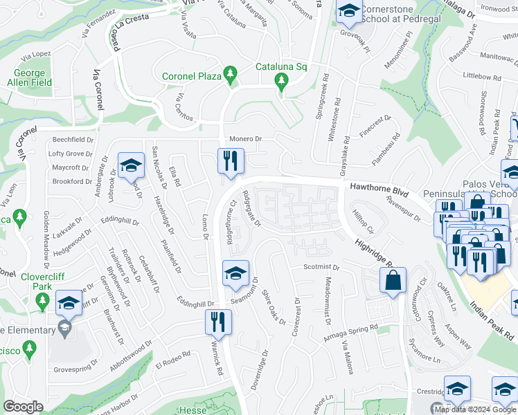 map of restaurants, bars, coffee shops, grocery stores, and more near 28115 Ridgepoint Court in Rancho Palos Verdes