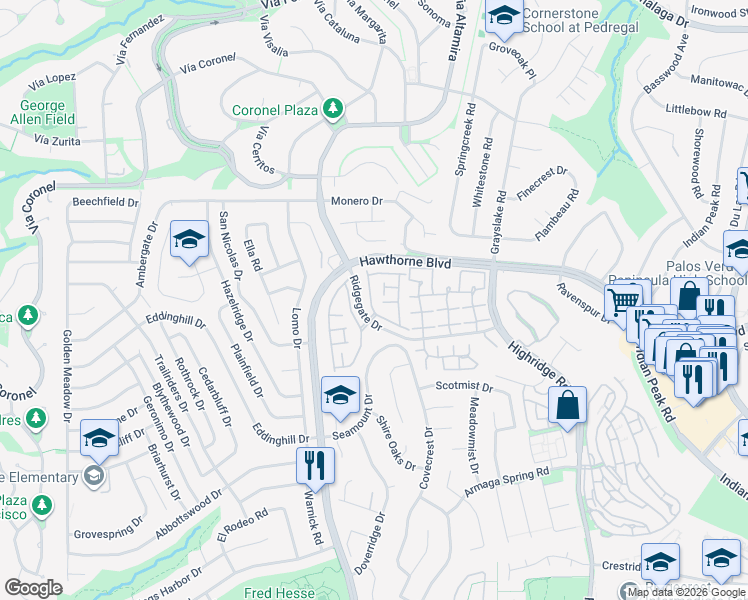 map of restaurants, bars, coffee shops, grocery stores, and more near 28123 Ridgepoint Court in Rancho Palos Verdes