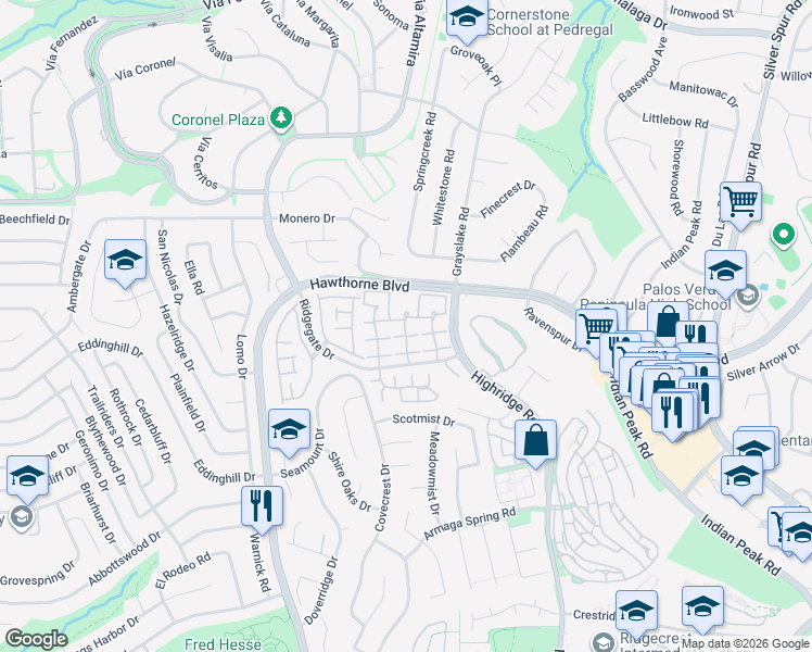 map of restaurants, bars, coffee shops, grocery stores, and more near 27901 Ridgebluff Court in Rancho Palos Verdes