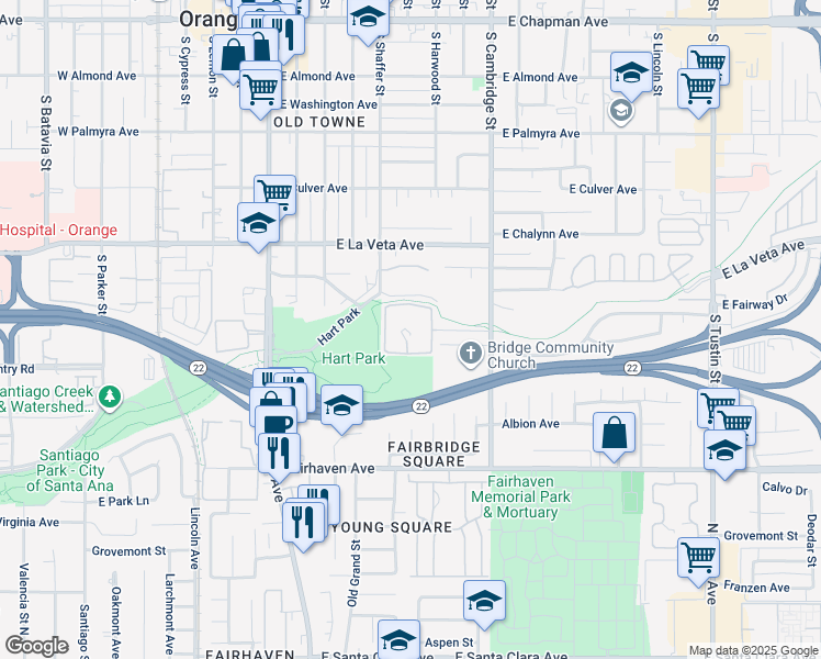 map of restaurants, bars, coffee shops, grocery stores, and more near 125 East Lake Drive in Orange