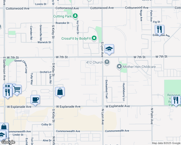 map of restaurants, bars, coffee shops, grocery stores, and more near Southfork Way in San Jacinto