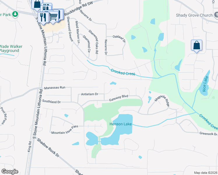 map of restaurants, bars, coffee shops, grocery stores, and more near 591 Gateway Point in Stone Mountain